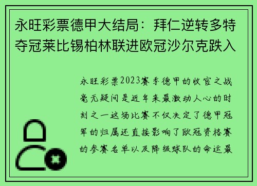 永旺彩票德甲大结局：拜仁逆转多特夺冠莱比锡柏林联进欧冠沙尔克跌入深渊 - 副本