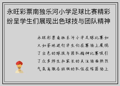 永旺彩票南独乐河小学足球比赛精彩纷呈学生们展现出色球技与团队精神