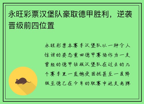永旺彩票汉堡队豪取德甲胜利，逆袭晋级前四位置