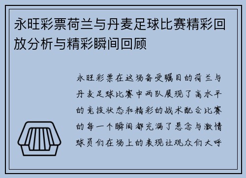 永旺彩票荷兰与丹麦足球比赛精彩回放分析与精彩瞬间回顾