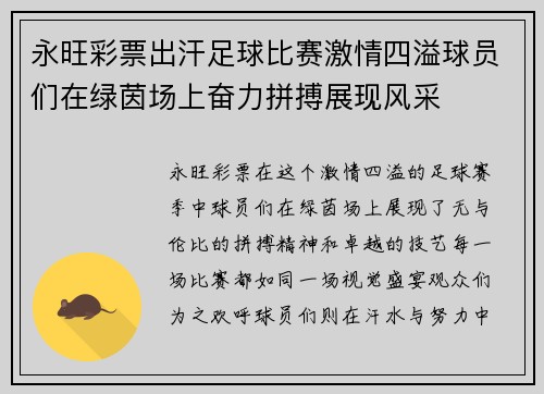 永旺彩票出汗足球比赛激情四溢球员们在绿茵场上奋力拼搏展现风采
