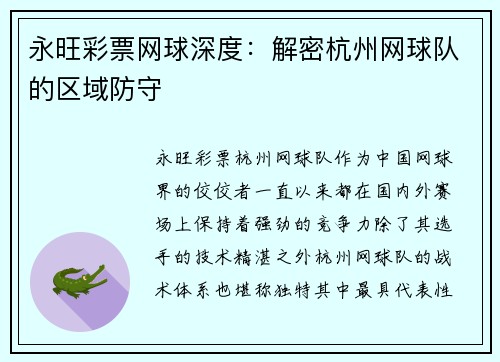 永旺彩票网球深度：解密杭州网球队的区域防守